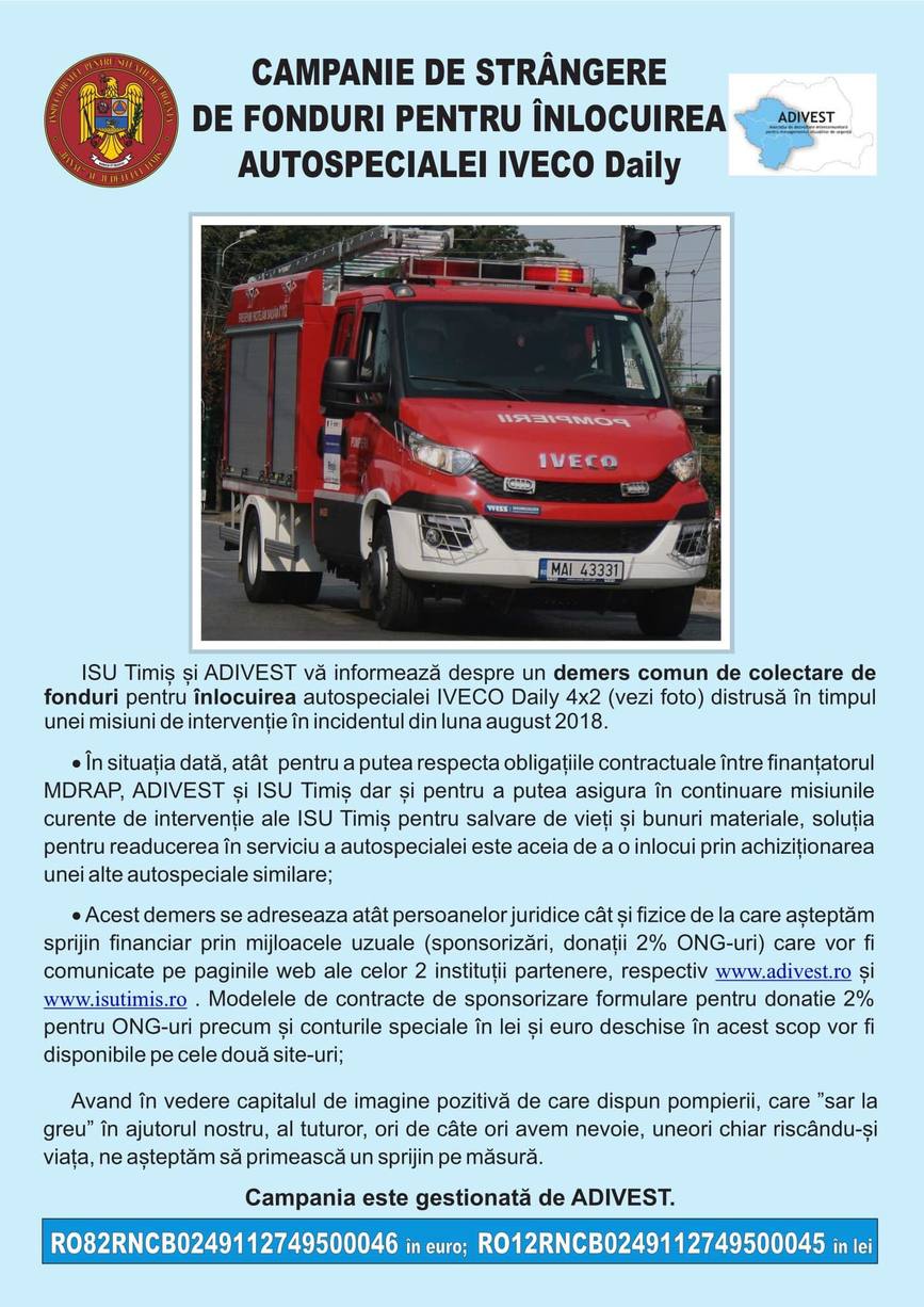 Colectare de fonduri pentru inlocuirea unei autospeciale distrusa in misiune | imaginea 1