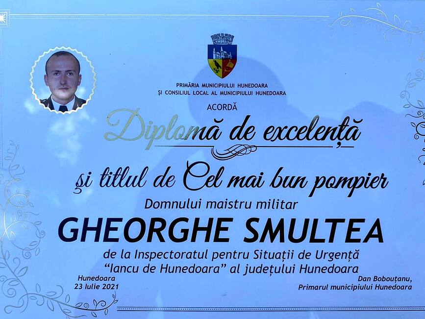 Diploma de Excelenta si titlul  Cel mai Bun Pompier    Maistru militar Gheorghe Smultea | imaginea 2